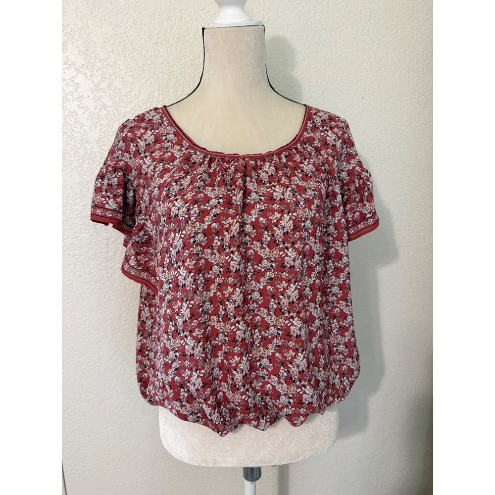 Max Studio Floral Ruffle Sleeve Bubble Hem Blouse, Size XL